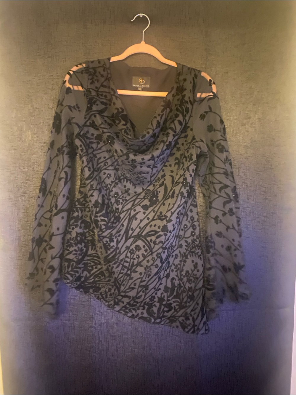 Sandra Darren - Black Velvet Burnout Cowl Neck Long Sleeve Top size 14